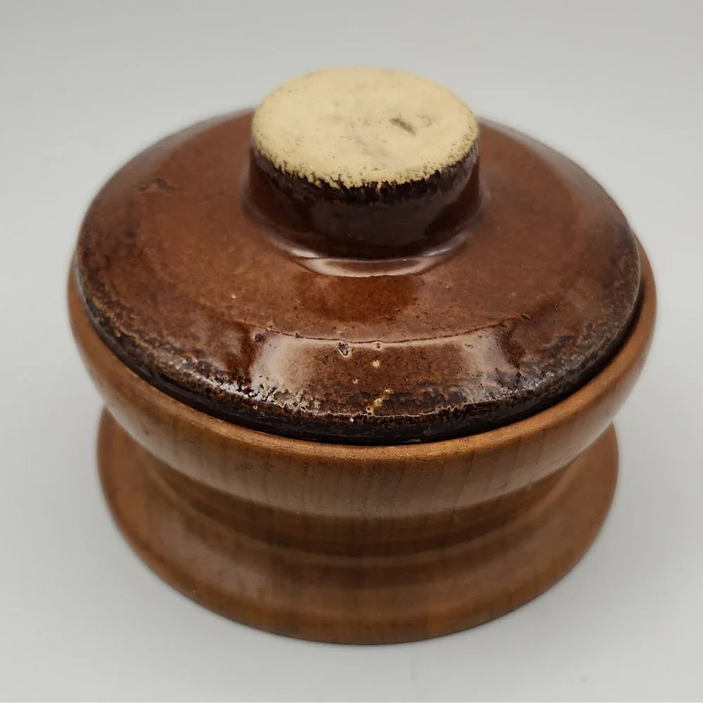 Vintage Mid-Century 3-Piece Wood & Stoneware Lidded Dish with Glass Liner